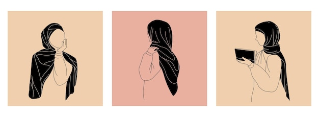 Vecteur définir des illustrations vectorielles de femme hijab arabe. illustration tendance élégante en dessin au trait simple.