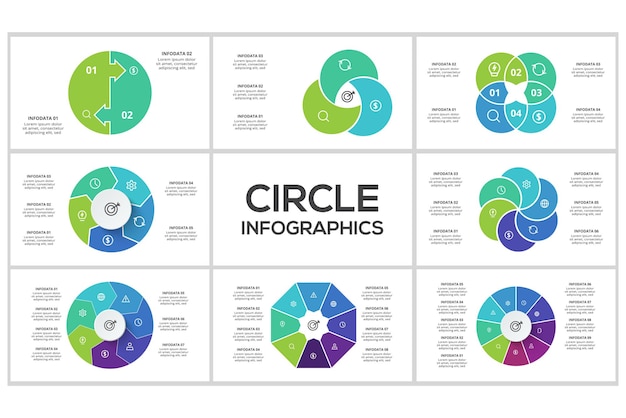 Définir des infographies en cercle avec 2 3 4 5 6 7 8 9 étapes parties ou processus Visualisation des données commerciales