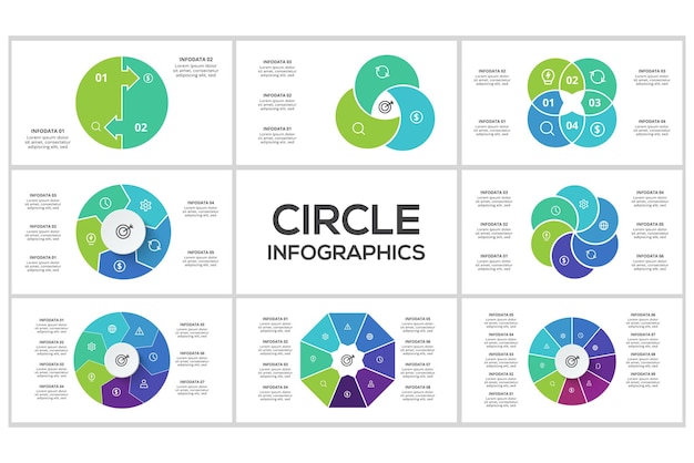 Vecteur définir des infographies en cercle avec 2 3 4 5 6 7 8 9 étapes parties ou processus visualisation des données commerciales