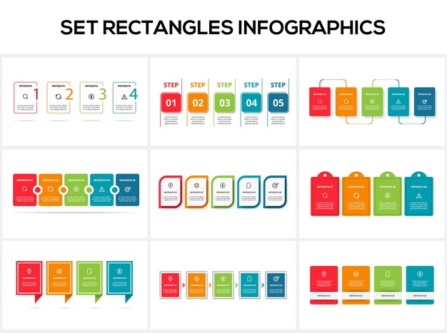 Définir des infographies de rectangles avec 4 pièces ou processus d'options d'étapes 5 Visualisation des données d'entreprise