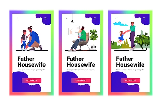 Définir Le Jeune Père Passer Du Temps Avec Son Enfant Parentalité Concept De Paternité Smartphone écrans Collection Pleine Longueur Copie Horizontale Illustration Vectorielle Espace