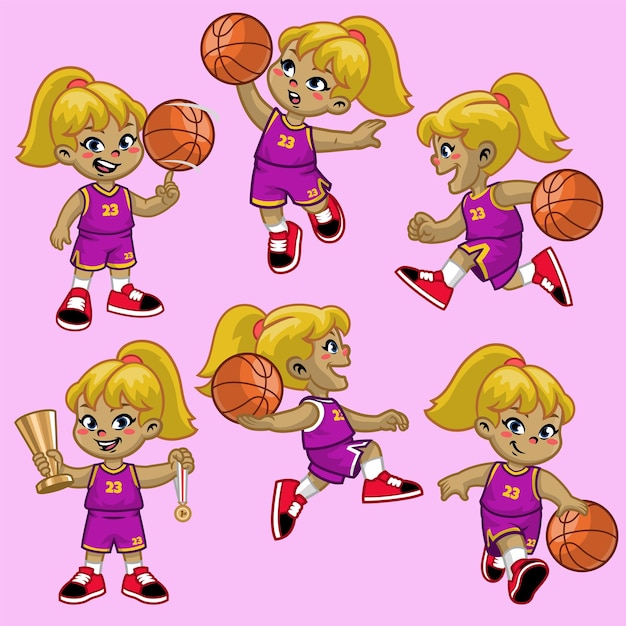 Définir le joueur de basket-ball de fille de dessin animé