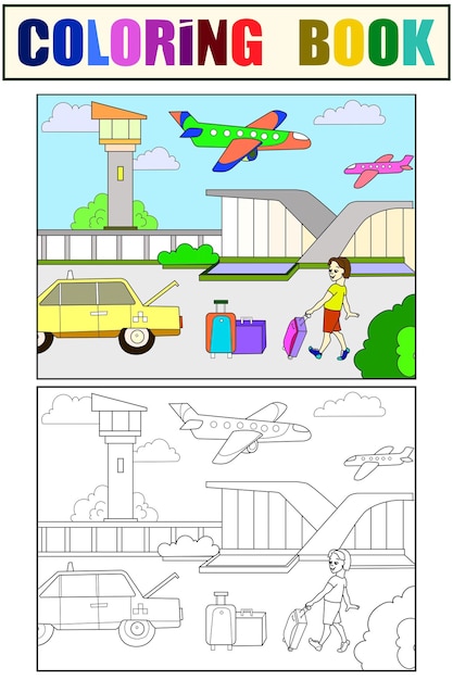 Définir Un Livre De Coloriage Pour Enfants Et Une Image Couleur Un Passager De L'aéroport A Appelé Un Taxi