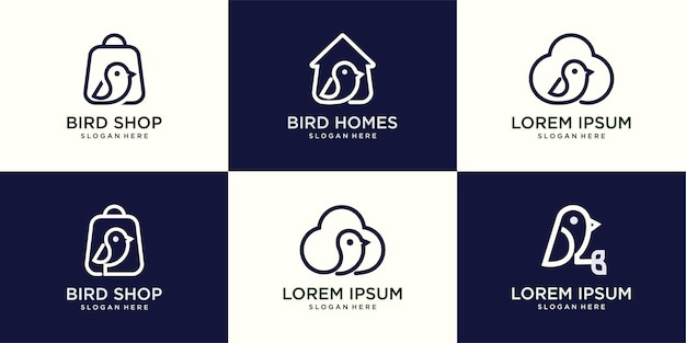 Définir Le Logo D'art De Ligne D'oiseau D'icône, Oiseau à La Maison, Sac, Nuage