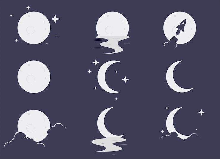 Vecteur définir lune élégante avec étoile, réflexion sur l'eau, les nuages et l'icône de fusée illustration vectorielle eps10