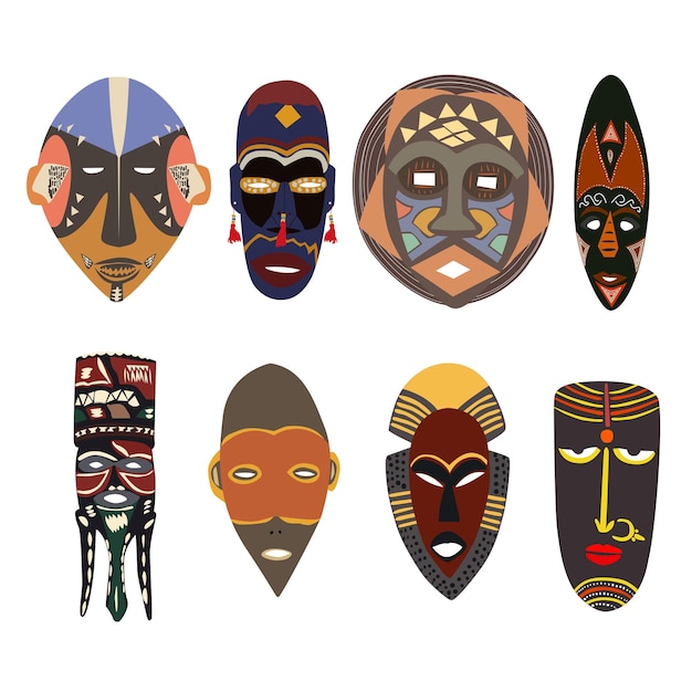 Définir Des Masques Africains Différentes Tribus Formes Des Couleurs Vives Sous Les Trous Du Visage