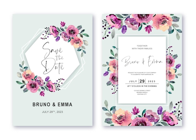 Définir Le Modèle D'invitation De Mariage Avec Aquarelle Rose Pourpre