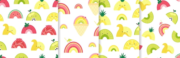 Définir Un Modèle Sans Couture Avec Un Arc-en-ciel De Fruits Mignons. Arrière-plan Avec Des Fruits Colorés, Des Glaces Et Des Personnages De Cocktails. Illustration Avec Des Tranches De Fruits D'été Pour Papier Peint, Textile, Papier D'emballage. Vecteur