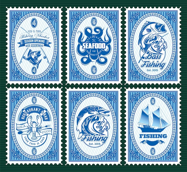 Vecteur définir le modèle de timbres avec des éléments de pêche aux fruits de mer