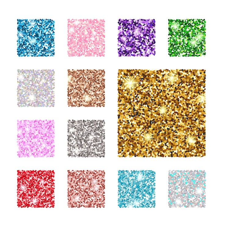Vecteur définir le motif de texture de paillettes de couleur carrée. or, argent, rouge, rose, bleu vert violet