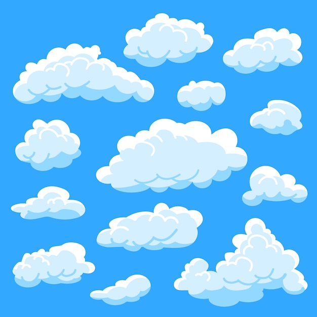 Définir des nuages de dessin animé sur un ciel bleu et nuageux