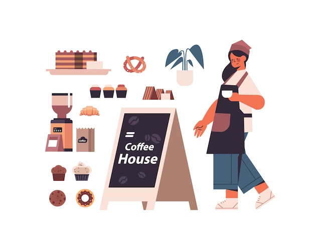 Définir Des Outils Et Des Accessoires De Café Avec Une Femme Barista En Bonbons Uniformes Et Collection De Café Pleine Longueur Isolée Illustration Vectorielle Horizontale