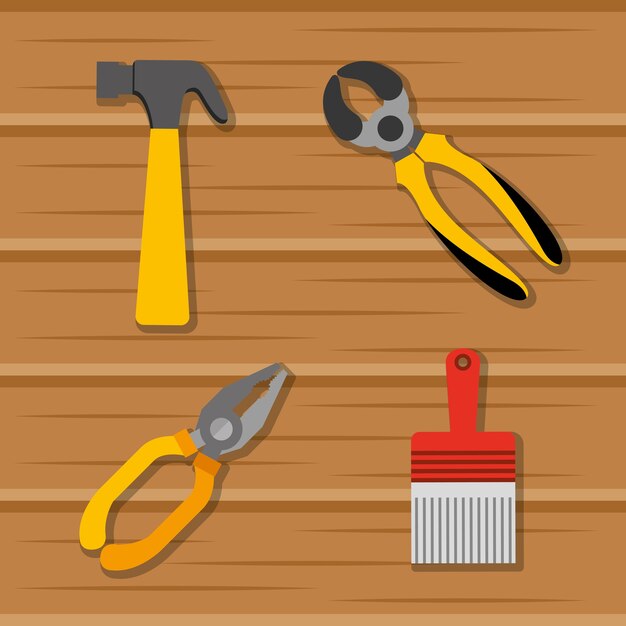 Vecteur définir les outils de construction sur fond en bois