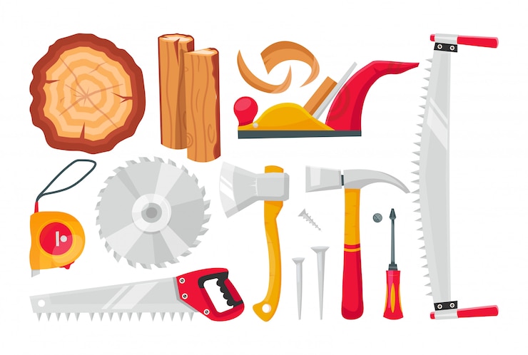 Vecteur définir des outils de menuiserie de dessin animé. bois, scie circulaire, scie à deux mains, raboteuse, hache, marteau, clous, tournevis, ruban à mesurer. éléments d'équipement de menuiserie.