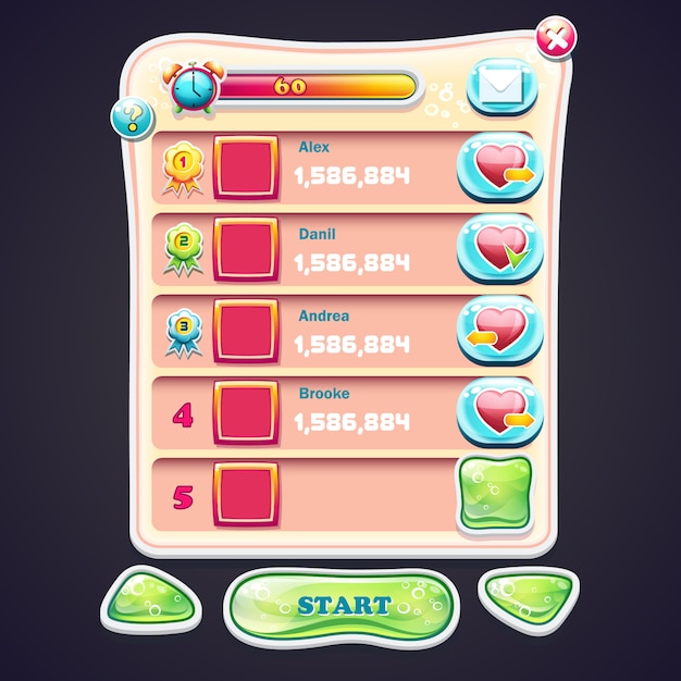 Définir le panneau d'information avec de beaux boutons brillants et les différents éléments de la conception du jeu pour les jeux informatiques