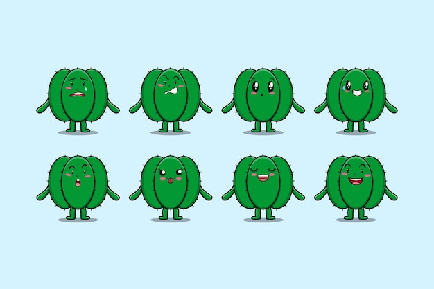Définir le personnage de dessin animé kawaii Cactus avec différentes expressions illustrations vectorielles de visage de dessin animé