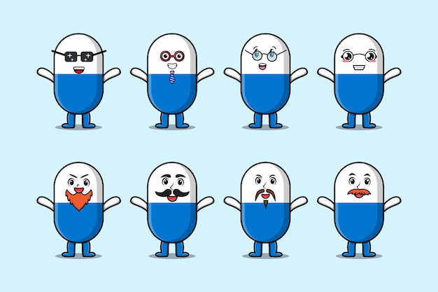 Vecteur définir le personnage de dessin animé de médecine capsule kawaii avec différentes expressions illustrations de visage de dessin animé