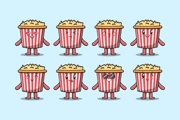 Vecteur définir le personnage de dessin animé de pop-corn kawaii avec différentes expressions illustrations vectorielles de visage de dessin animé