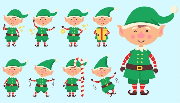 Définir Des Personnages Elfes Mignons Nouvel An Noël Noël Petits Elfes Verts Assistant Fantastique Hiver Plat