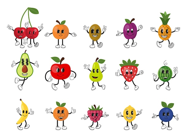 Définir des personnages de fruits de dessin animé rétro