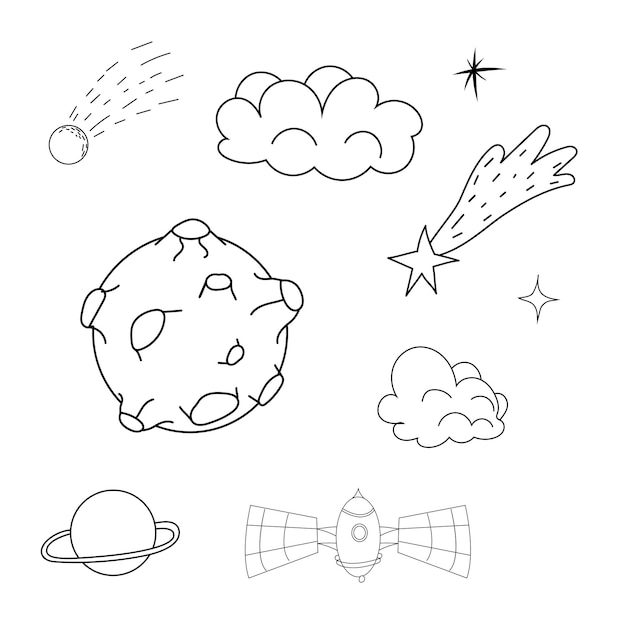 Définir les planètes éléments spatiaux étoiles météorite dans le style doodle Galaxy icônes design simple