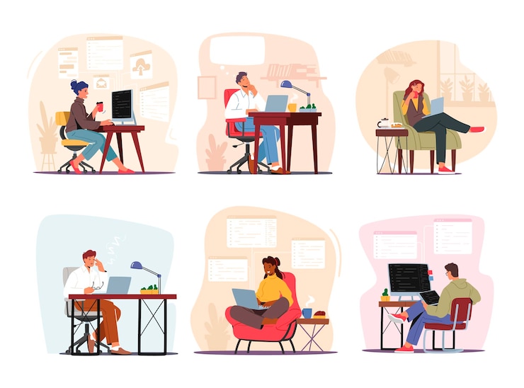 Vecteur définir le processus de travail au bureau ou à la maison sur le lieu de travail hommes et femmes personnages travaillant sur des ordinateurs boire du café penser