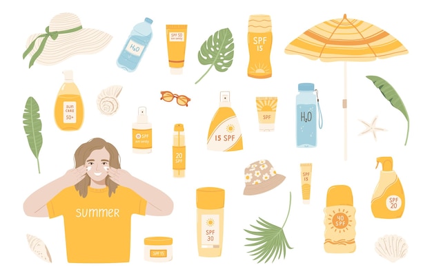 Vecteur définir des produits avec spf collection avec des lunettes de protection solaire et une femme enduit son visage de crème des illustrations avec des objets protègent la peau des rayons ultraviolets