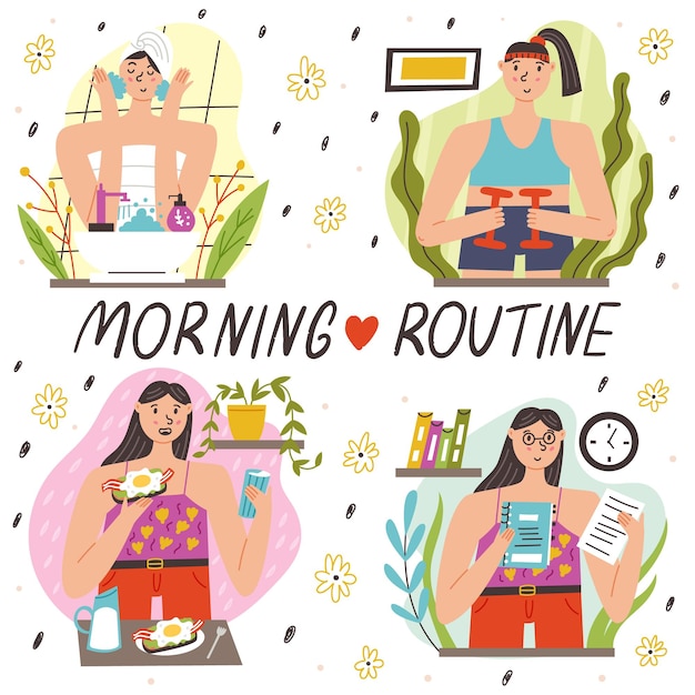 Définir la routine du matin Lavage exercice Planification du petit-déjeuner. Étapes de la routine matinale des filles. Illustration plate de vecteur moderne