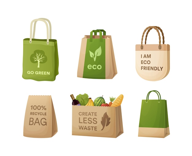Vecteur définir des sacs en papier de recyclage, du carton à transporter avec un logo écologique