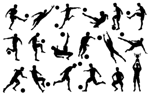 Définir des silhouettes de footballeurs de football, gardien de but, champion de l'équipe avec coupe, ballon de football dans diverses poses, sur fond blanc