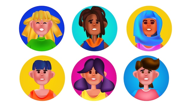 Définir Des Têtes De Femmes Mâles Dans Des Cadres Ronds Mélanger Les Gens De Race Collection Avatars Personnages De Dessins Animés Portraits Illustration Vectorielle Horizontale