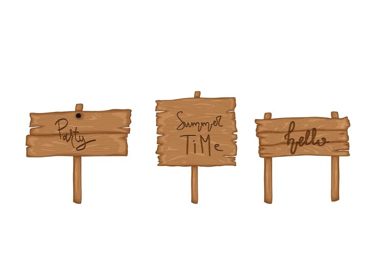 Définir le vieux panneau en bois dans un style cartoon rétro isolé sur fond blanc. Beach party, soldes, bonjour l'été.