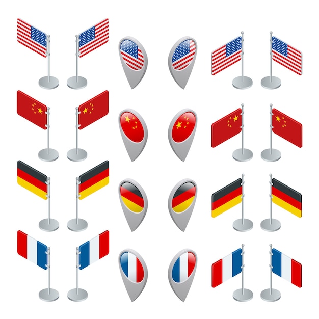 Vecteur définissez les drapeaux et le symbole de localisation gps. états-unis, chine, allemagne et france. illustration isométrique vectorielle 3d plate.