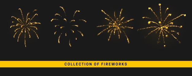 Définissez des feux d'artifice festifs en or. Effet de lumière dorée isolé sur fond noir. Conception réaliste. illustration vectorielle