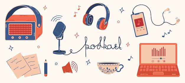 Définissez des illustrations dans un style branché pour enregistrer et écouter des discours de musique de podcast