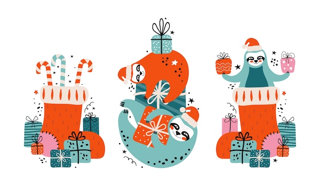 Vecteur définissez de jolis paresseux en chapeau de père noël avec beaucoup de cadeaux, de bonbons et d'éléments festifs. joyeux noël et bonne année carte ou bannière. ours de personnage de dessin animé. illustration dans un style scandinave