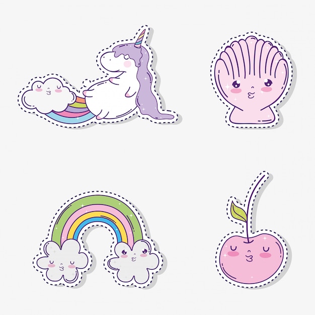 Vecteur définissez une licorne mignonne avec des pommes kawaii et une coquille avec des nuages arc-en-ciel