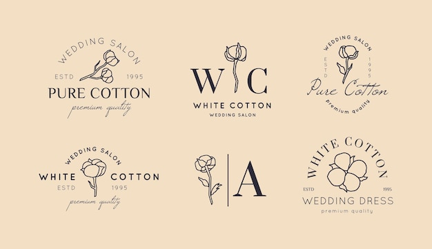 Définissez Les Logos De Mariage Dans Un Style Tendance Minimal. étiquettes Et Insignes Floraux De Doublure - Icône Vectorielle, Autocollant, Timbre, étiquette Avec Fleur De Coton Pour Les Robes De Salon De Mariage Et De Magasin De Mariée