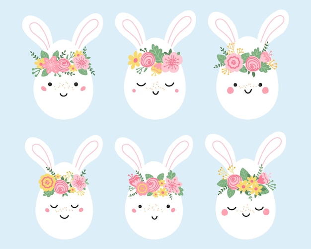 Définissez Des Oeufs De Pâques Mignons Avec Des Oreilles De Lapin Aux Couleurs Pastel. Collection De Personnages De Printemps Avec Des Couronnes De Fleurs Dans Un Style Plat. Illustration Pour Papier Peint, Tissu Et Textiles. Vecteur