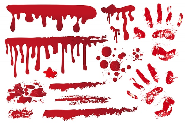 Définissez des séquences sanglantes réalistes. Empreinte de main dans le sang. Éclaboussures rouges, aérosols, taches. Gouttes, gouttes de taches de sang sur fond blanc. Concept d'Halloween. illustration.