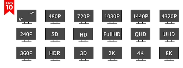 Vecteur définition de l'icône de la résolution de l'écran symbole de taille du moniteur hd fhd uhd 4k écran 8k illustration vectorielle