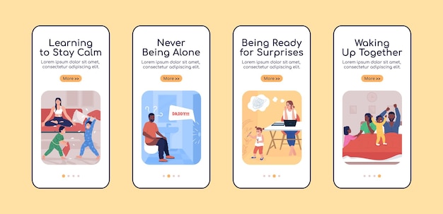 Défis parentaux d'intégration du modèle vectoriel plat d'écran d'application mobile. Site Web pas à pas en 4 étapes avec des personnages. Creative UX, UI, interface de dessin animé pour smartphone GUI, ensemble d'impressions de cas