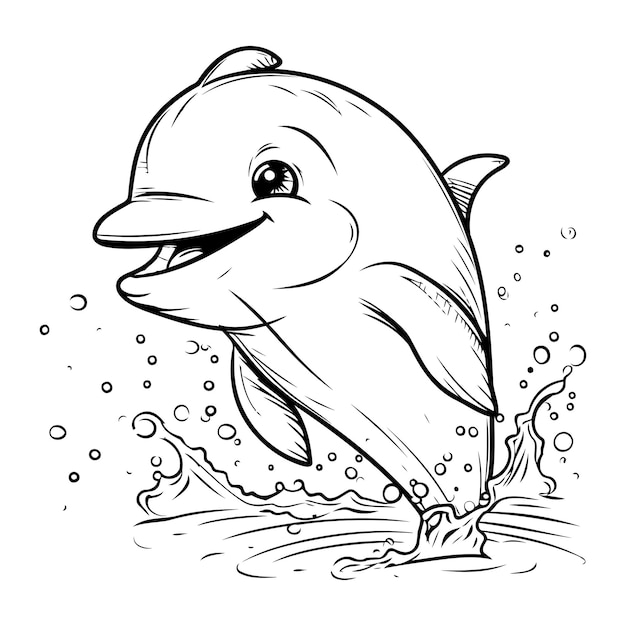 Vecteur delfin de dessin animé sautant hors de l'eau illustration vectorielle en noir et blanc