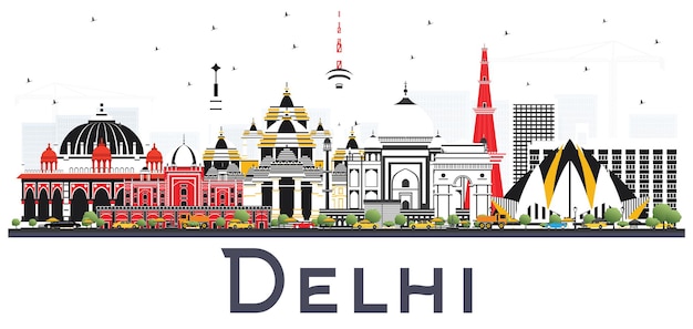 Delhi Inde City Skyline avec des bâtiments de couleur isolé sur fond blanc. Illustration vectorielle. Concept de voyage d'affaires et de tourisme avec architecture historique. Paysage urbain de Delhi avec des points de repère.