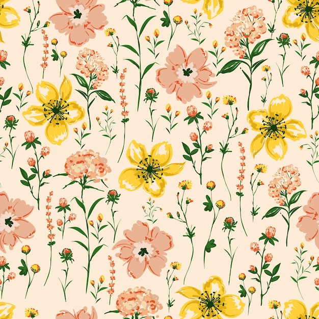 Délicat Blooming Peinture Dessinée à La Main Brossé Fleur Sauvage Meadow Floral Seamless Pattern Vector