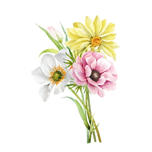 délicat bouquet de fleurs illustration aquarelle jaune fleur blanche et rose