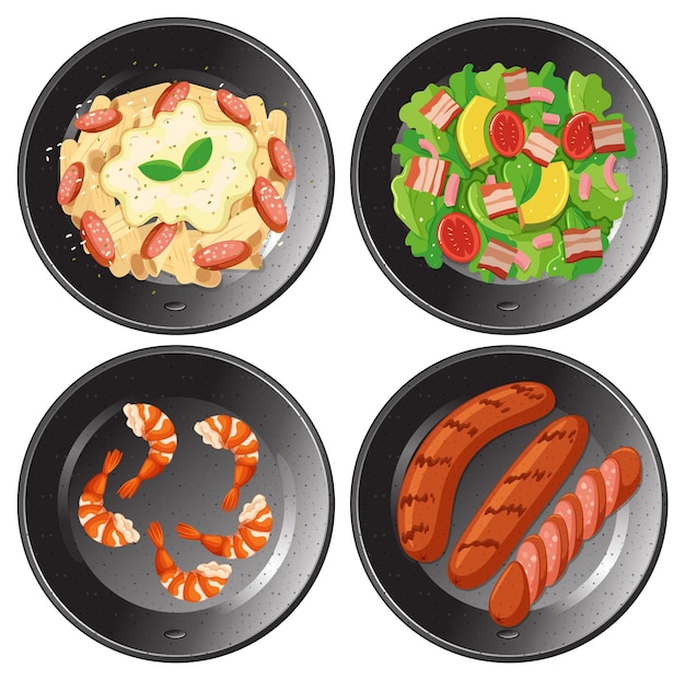 Délicieuse cuisine occidentale avec salade de pâtes, crevettes et saucisses
