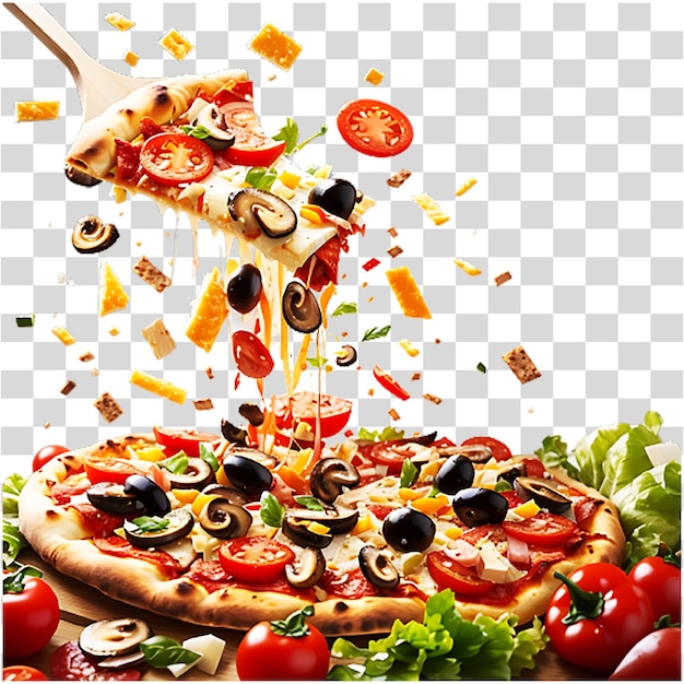 Vecteur délicieuse pizza aux tomates feuilles citron olives et poivrons fond transparent généré par ai