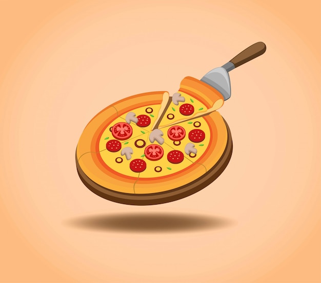 Délicieuse Pizza Dans Un Plateau De Table En Bois Prêt à Manger, Promotion Du Menu De Pizza En Illustration De Dessin Animé En Fond Dégradé