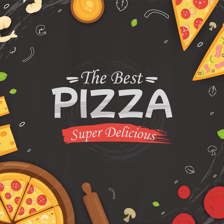 Vecteur délicieuse pizza sur fond noir